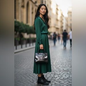Anne Klein Black and White Croc-Embossed Satchel